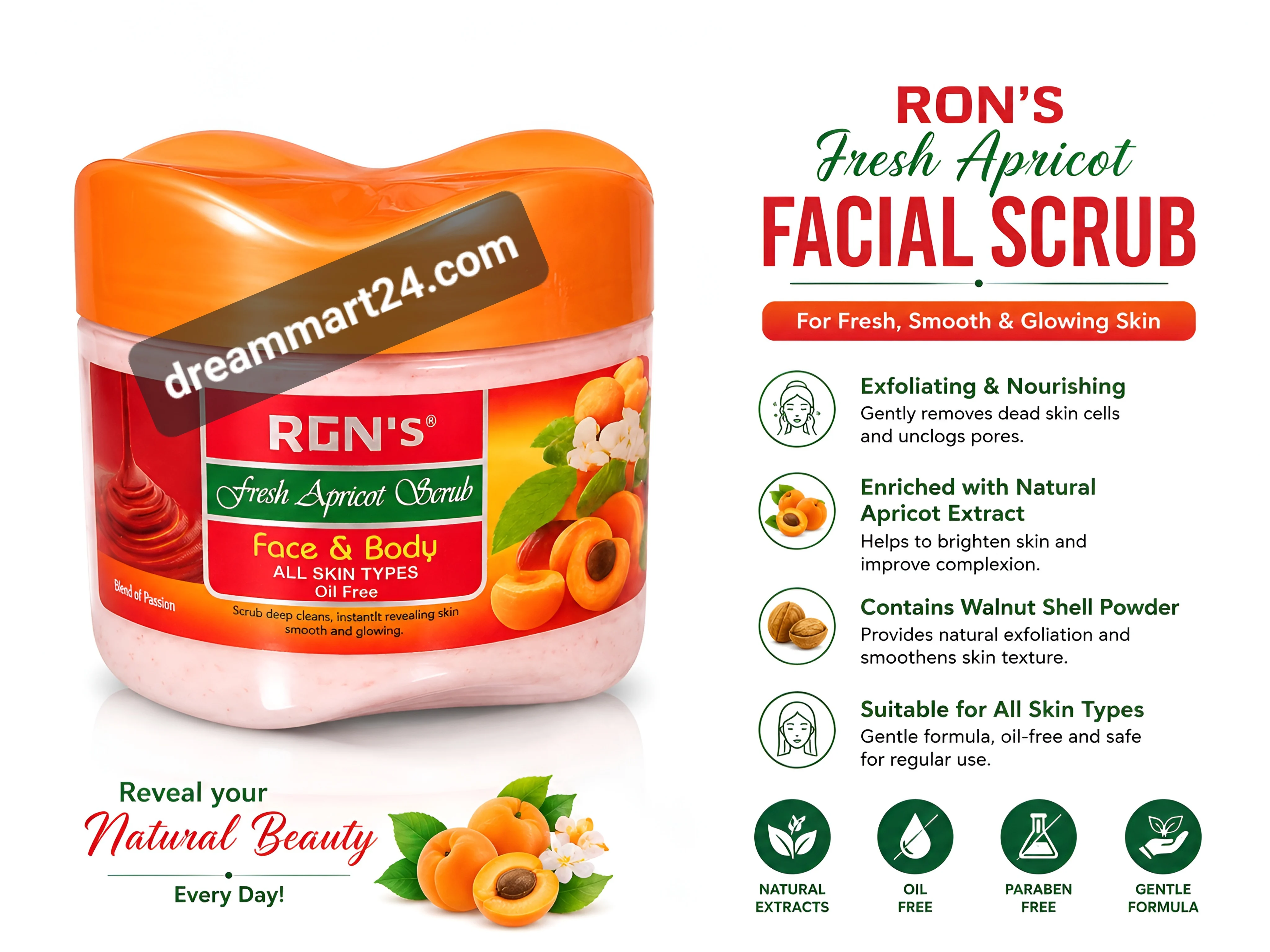 RON'S Fresh Apricot Face & Body Scrub 250 gram with Natural Extracts (All Skin Types)